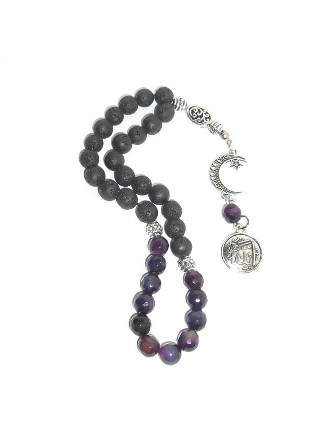 Handmade Lava Stone (22 Black) & Dark Purple Agate (11) Rosary – 33 Beads  – 8mm Natural Stones with Gift Jute Pouch - Image 1